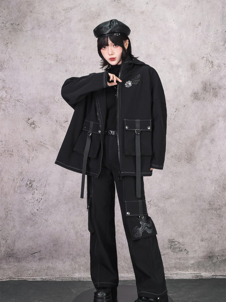 Black Winged Yin-Yang Embroidered Hooded Cargo Jacket