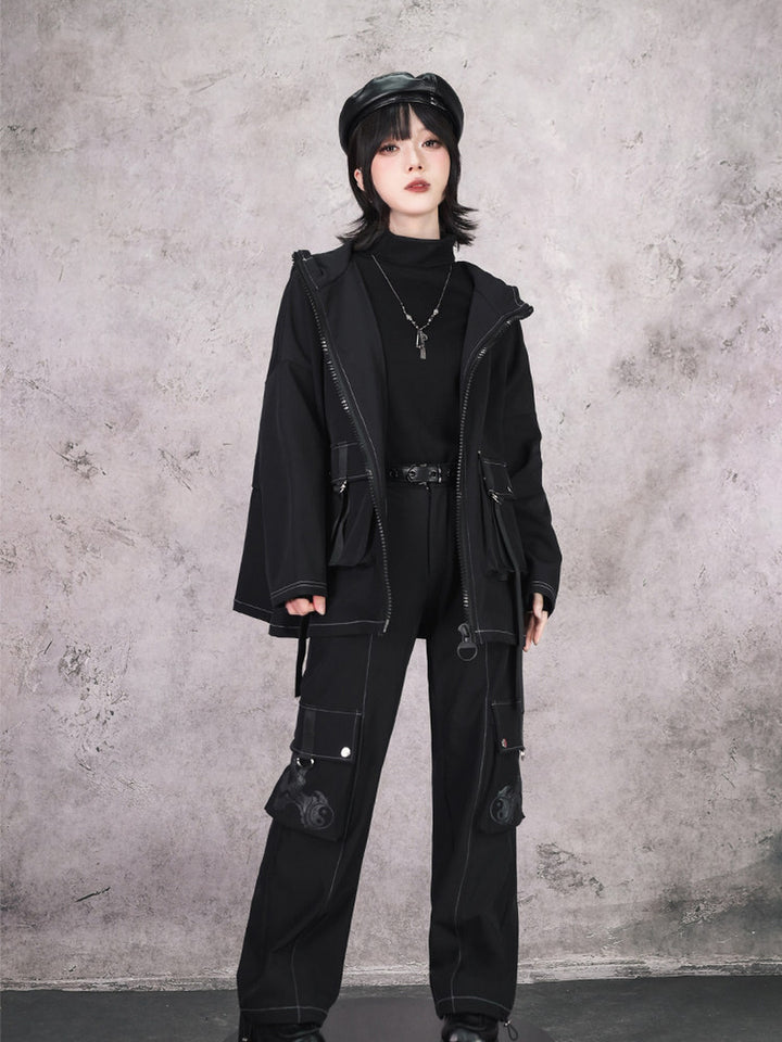 Black Winged Yin-Yang Embroidered Hooded Cargo Jacket