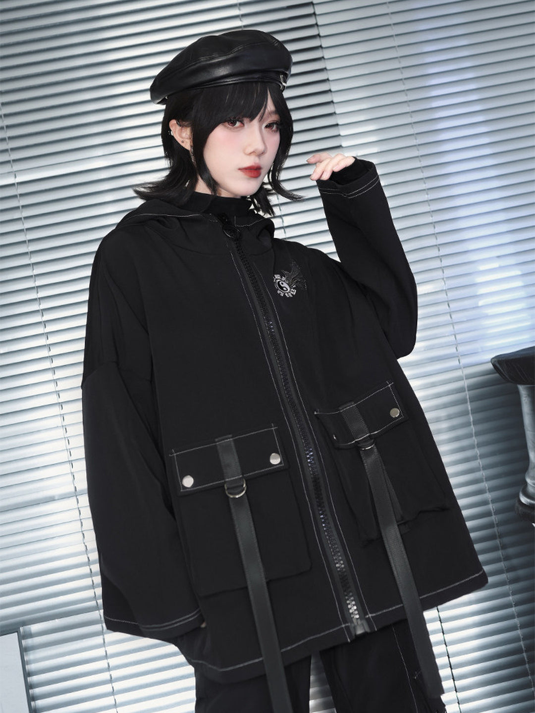Black Winged Yin-Yang Embroidered Hooded Cargo Jacket