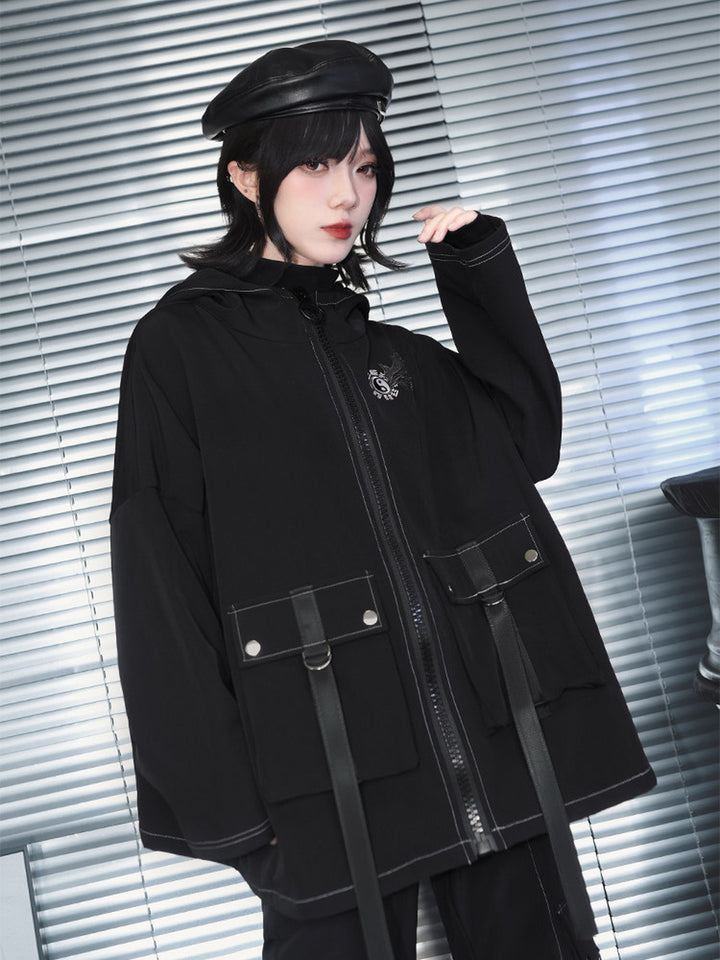 Black Winged Yin-Yang Embroidered Hooded Cargo Jacket