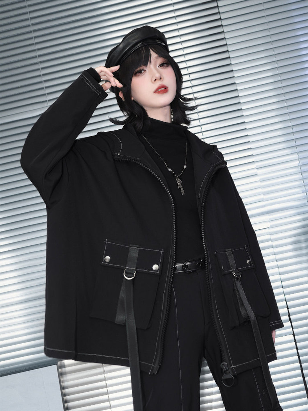 Black Winged Yin-Yang Embroidered Hooded Cargo Jacket