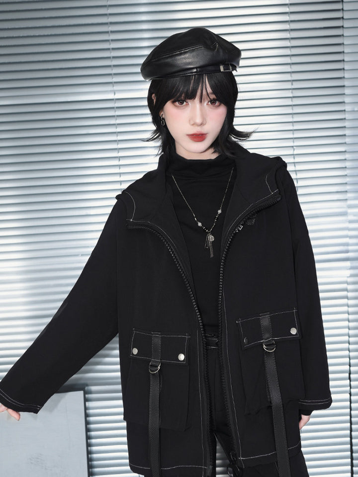 Black Winged Yin-Yang Embroidered Hooded Cargo Jacket