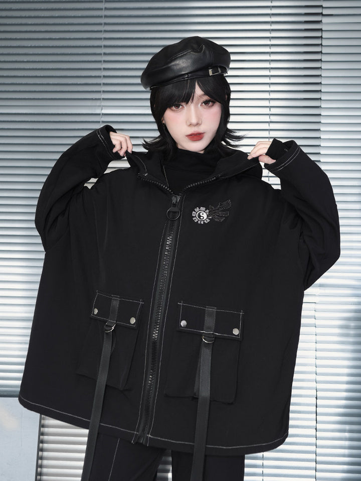 Black Winged Yin-Yang Embroidered Hooded Cargo Jacket