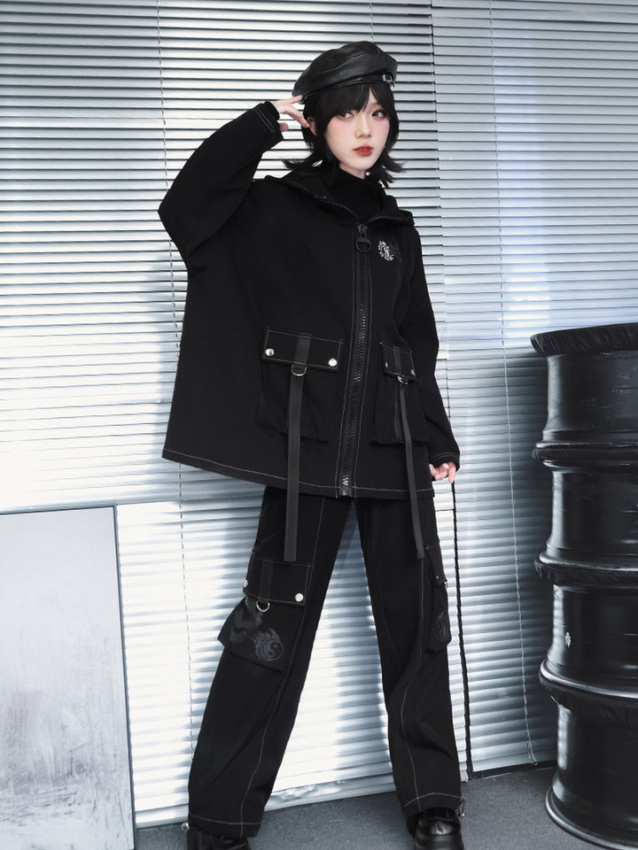Black Winged Yin-Yang Embroidered Hooded Cargo Jacket