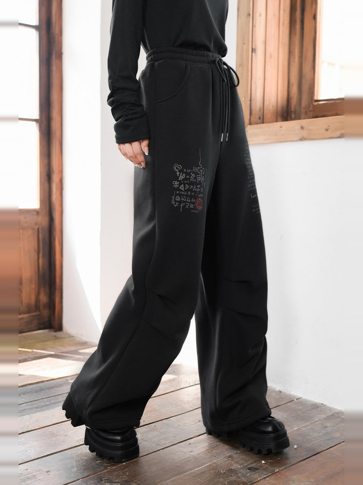 Black Graphic Fleece-Lined Convertible-Hem Wide-Leg Sweatpants