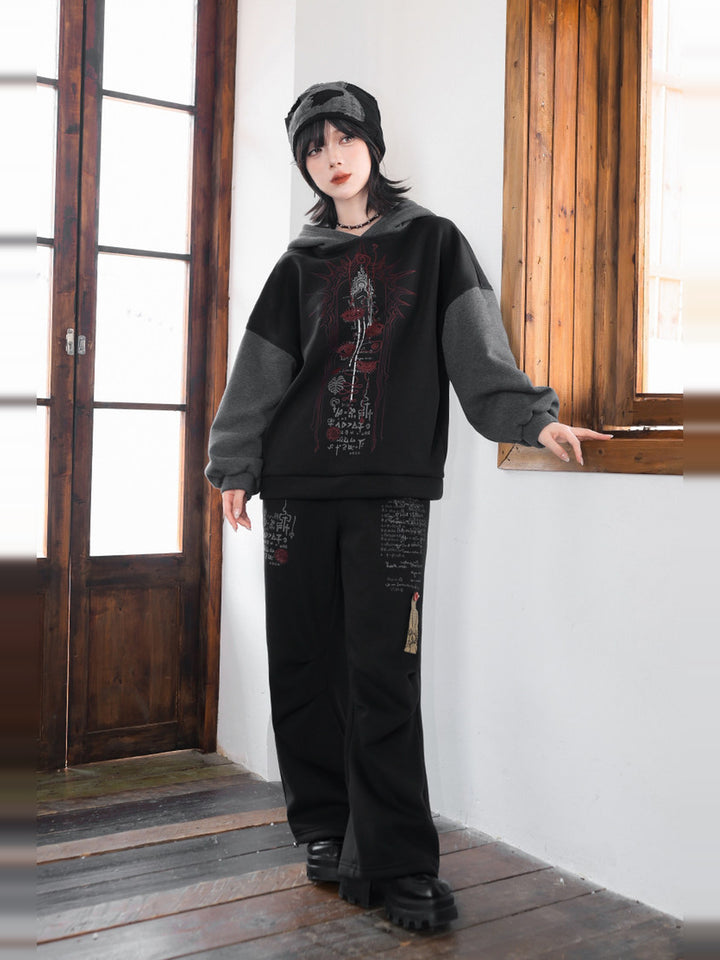 Black Graphic Fleece-Lined Convertible-Hem Wide-Leg Sweatpants