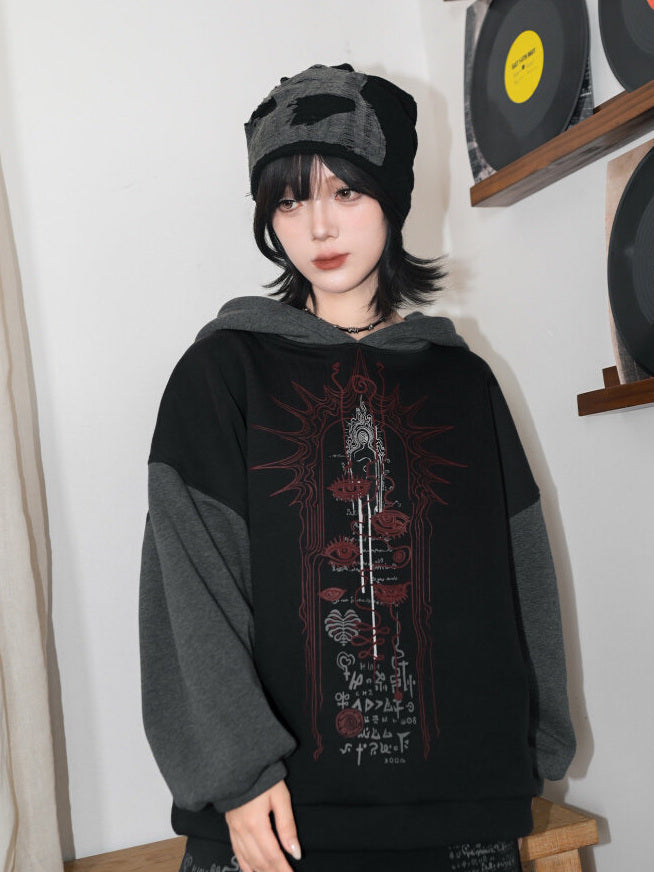 Black Occult Graphic Contrast-Sleeve Fleece-Lined Hoodie