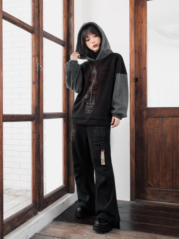 Black Occult Graphic Contrast-Sleeve Fleece-Lined Hoodie