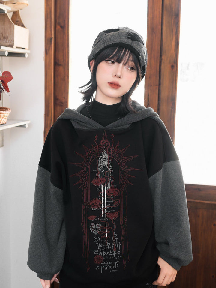 Black Occult Graphic Contrast-Sleeve Fleece-Lined Hoodie