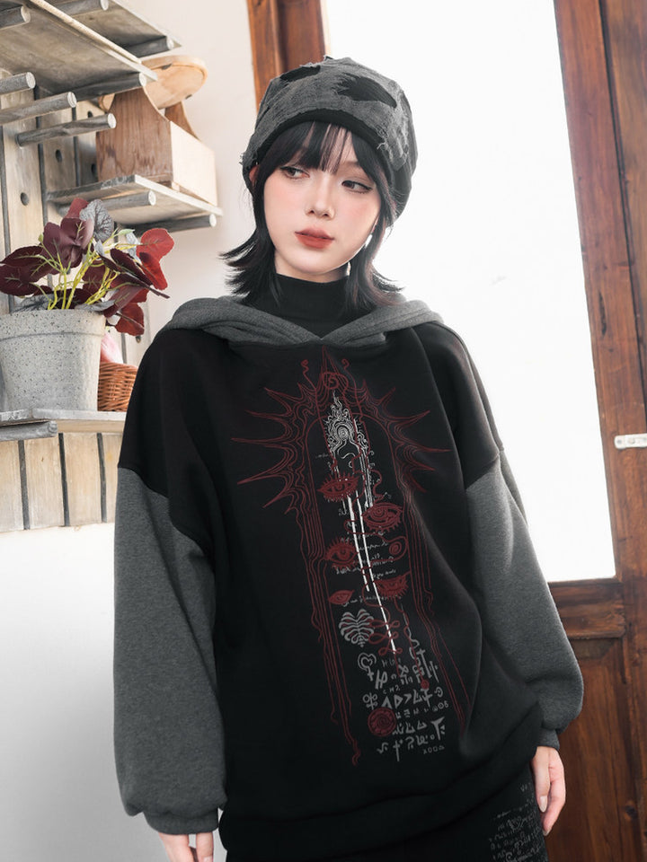 Black Occult Graphic Contrast-Sleeve Fleece-Lined Hoodie