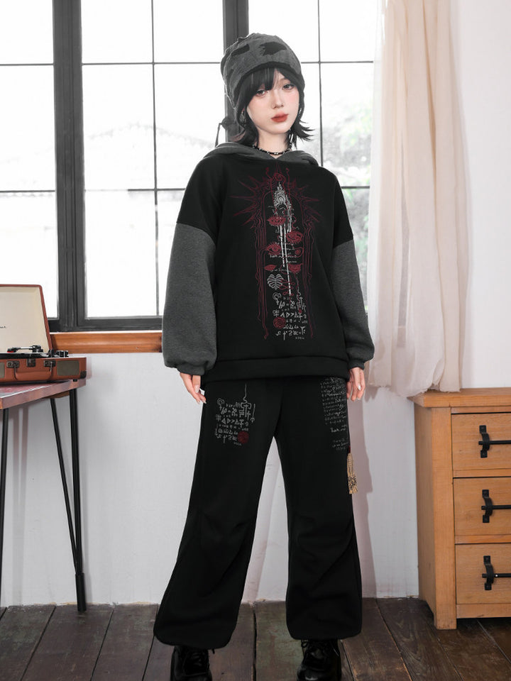 Black Occult Graphic Contrast-Sleeve Fleece-Lined Hoodie