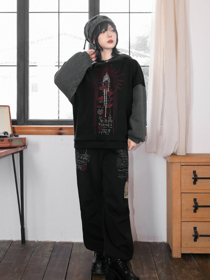 Black Occult Graphic Contrast-Sleeve Fleece-Lined Hoodie