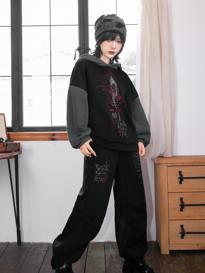 Black Occult Graphic Contrast-Sleeve Fleece-Lined Hoodie