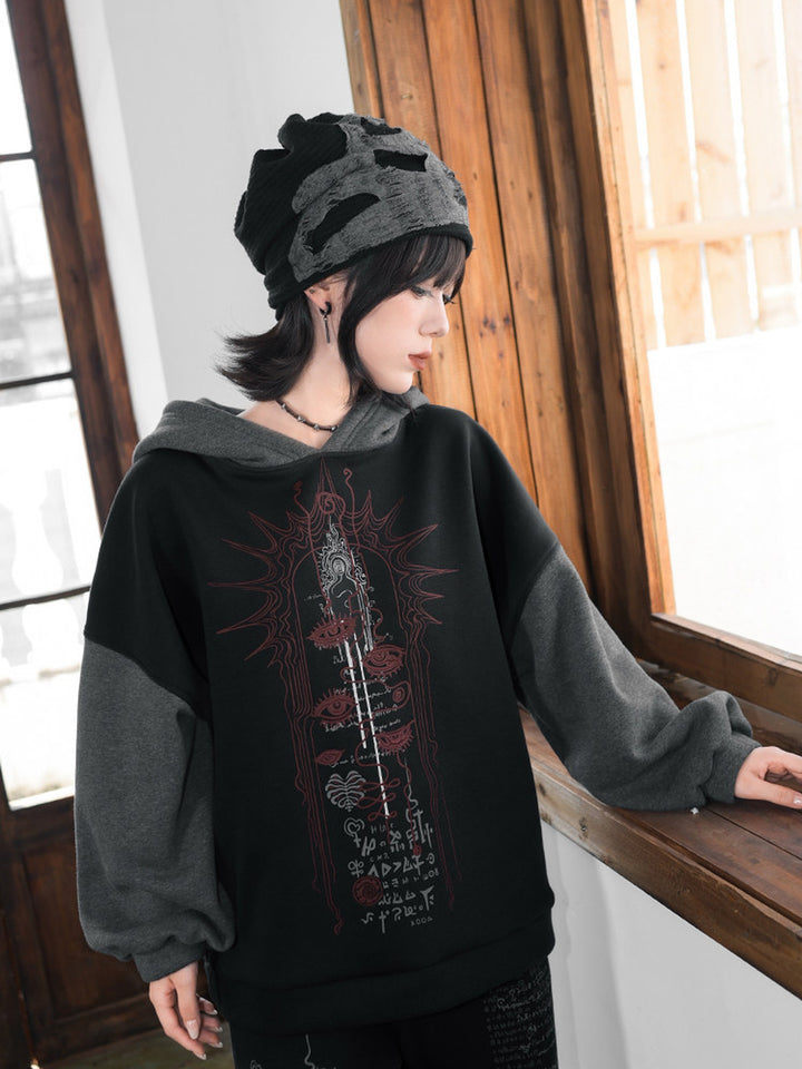 Black Occult Graphic Contrast-Sleeve Fleece-Lined Hoodie