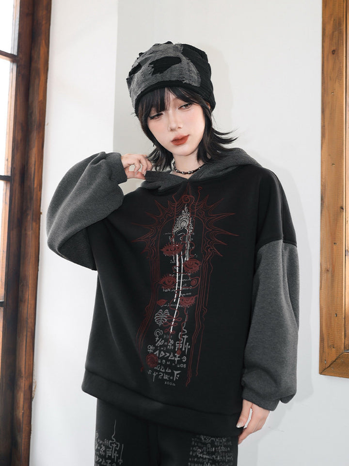 Black Occult Graphic Contrast-Sleeve Fleece-Lined Hoodie