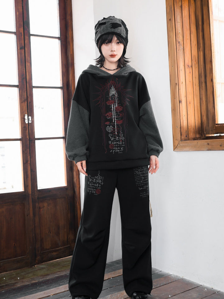 Black Occult Graphic Contrast-Sleeve Fleece-Lined Hoodie