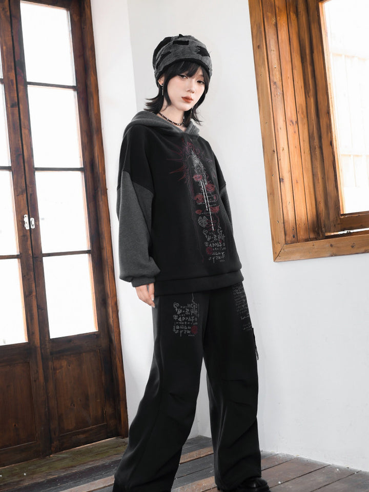 Black Occult Graphic Contrast-Sleeve Fleece-Lined Hoodie