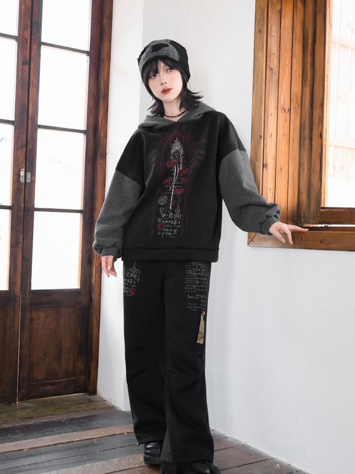 Black Occult Graphic Contrast-Sleeve Fleece-Lined Hoodie