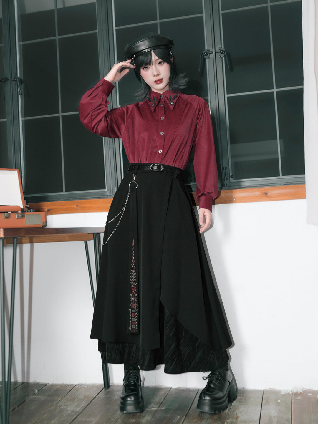 Burgundy Raven-Embroidered Pintuck Balloon-Sleeve Shirt
