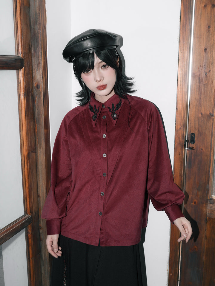 Burgundy Raven-Embroidered Pintuck Balloon-Sleeve Shirt