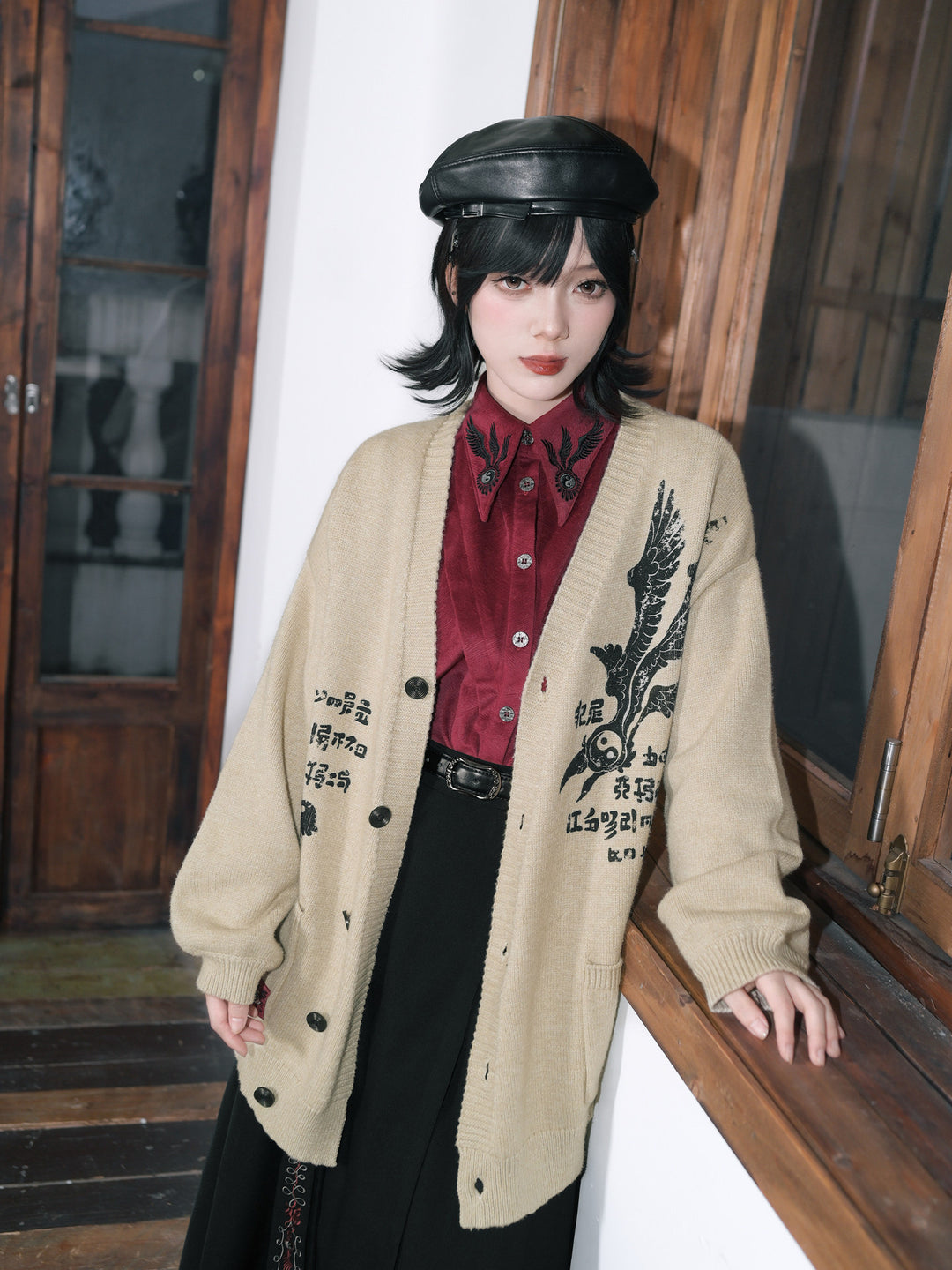 Burgundy Raven-Embroidered Pintuck Balloon-Sleeve Shirt