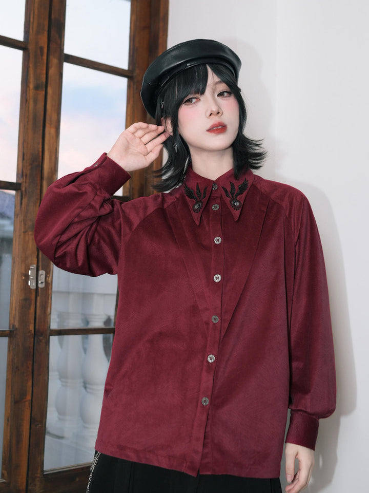 Burgundy Raven-Embroidered Pintuck Balloon-Sleeve Shirt