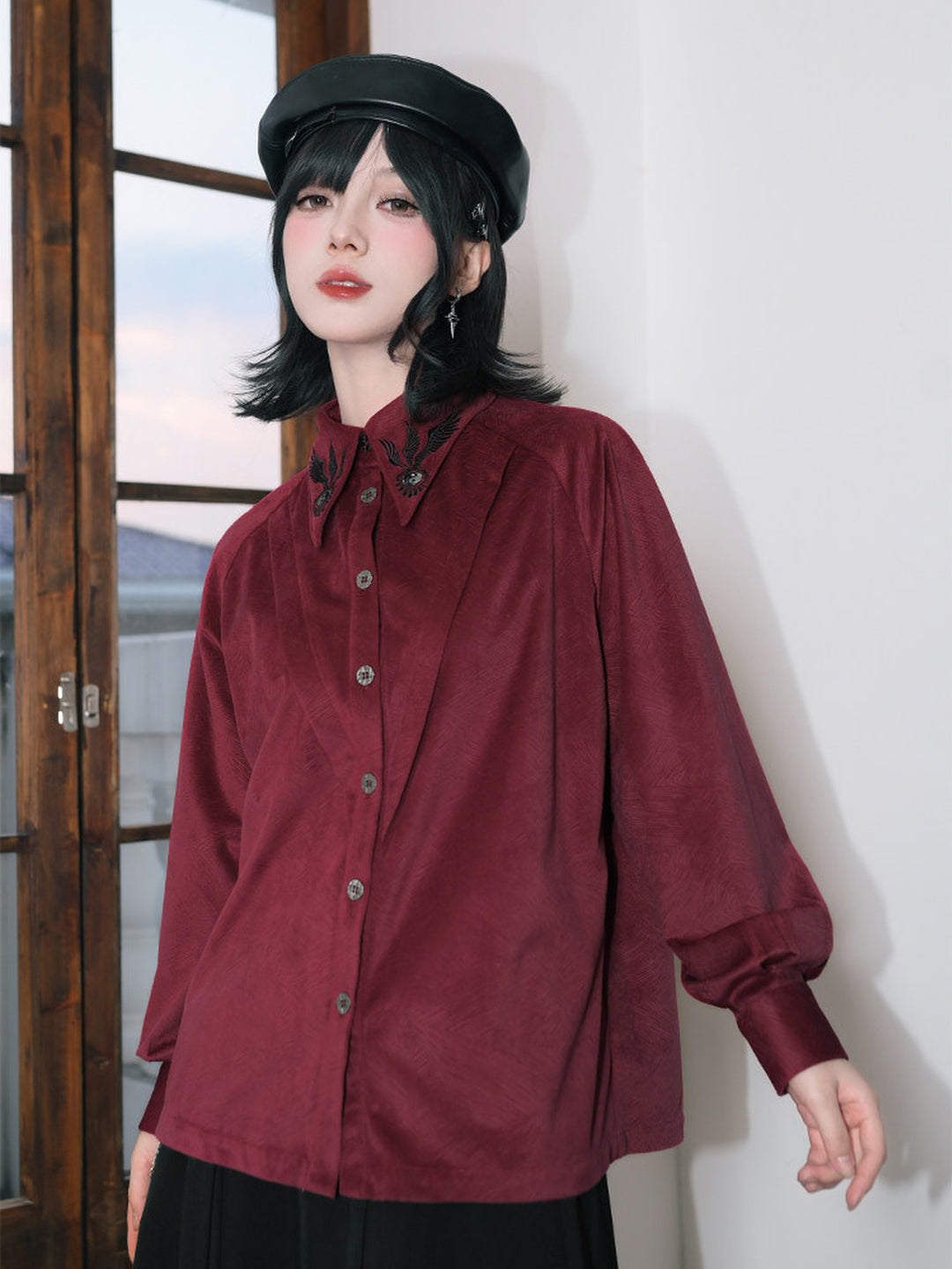 Burgundy Raven-Embroidered Pintuck Balloon-Sleeve Shirt