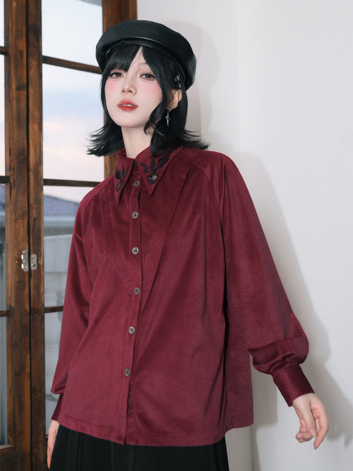 Burgundy Raven-Embroidered Pintuck Balloon-Sleeve Shirt
