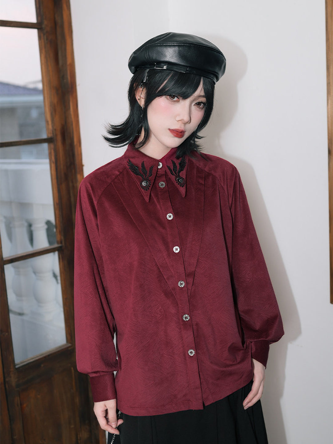 Burgundy Raven-Embroidered Pintuck Balloon-Sleeve Shirt