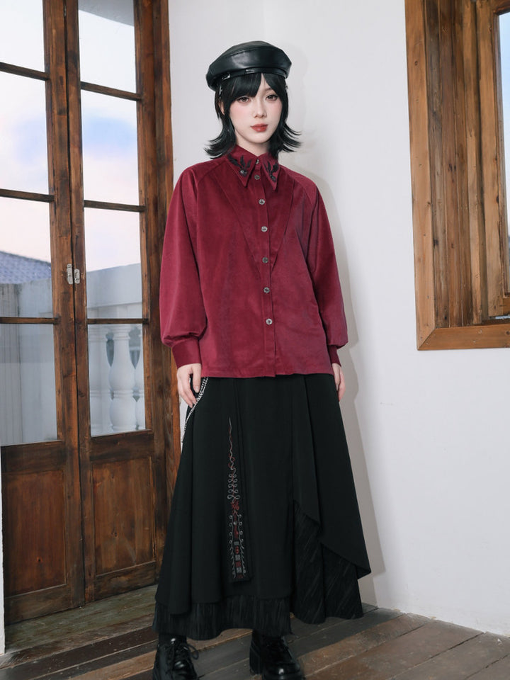 Burgundy Raven-Embroidered Pintuck Balloon-Sleeve Shirt