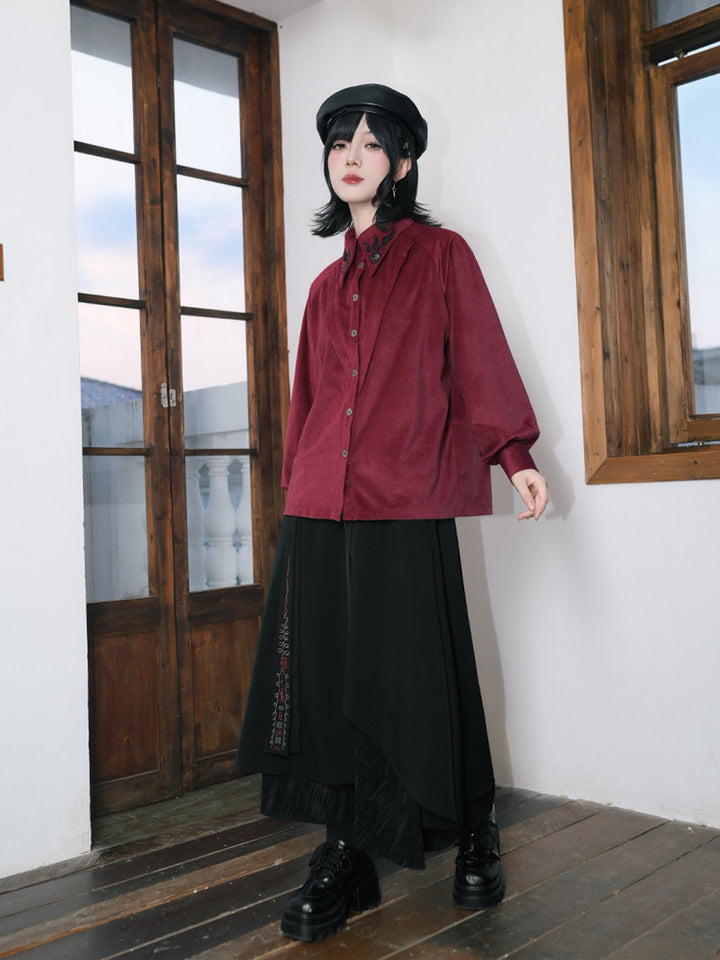 Burgundy Raven-Embroidered Pintuck Balloon-Sleeve Shirt