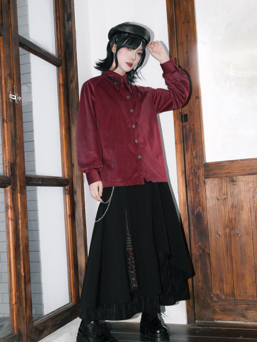 Burgundy Raven-Embroidered Pintuck Balloon-Sleeve Shirt