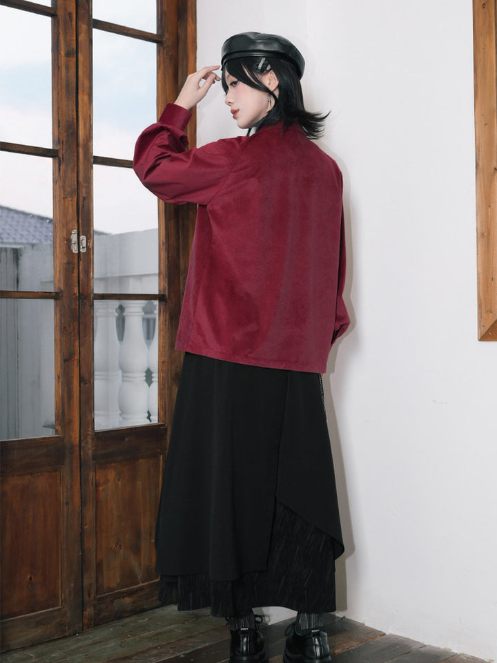 Burgundy Raven-Embroidered Pintuck Balloon-Sleeve Shirt