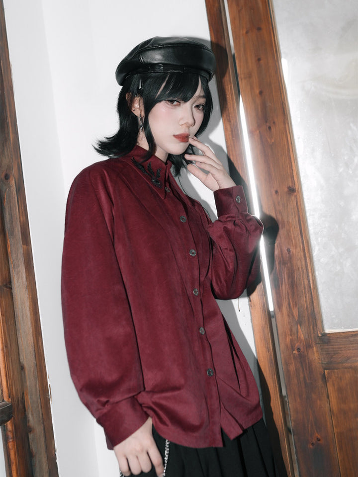 Burgundy Raven-Embroidered Pintuck Balloon-Sleeve Shirt
