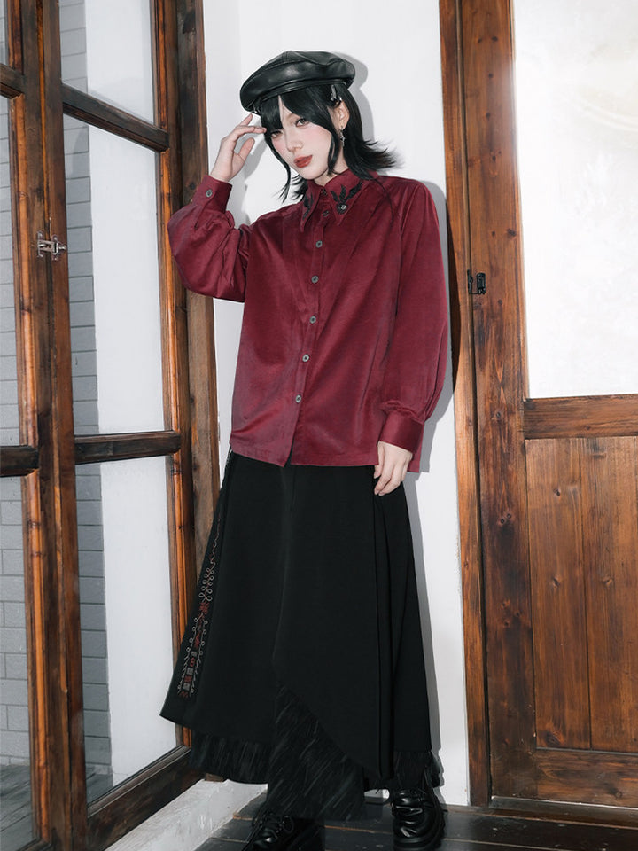 Burgundy Raven-Embroidered Pintuck Balloon-Sleeve Shirt
