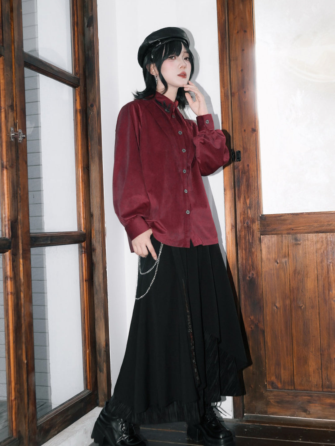 Burgundy Raven-Embroidered Pintuck Balloon-Sleeve Shirt