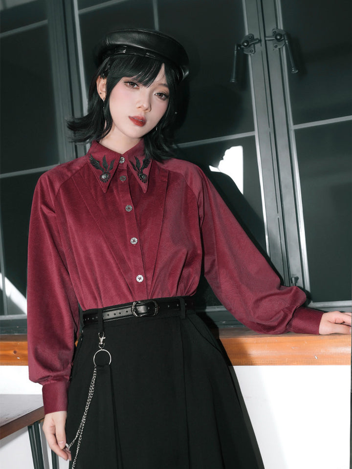 Burgundy Raven-Embroidered Pintuck Balloon-Sleeve Shirt