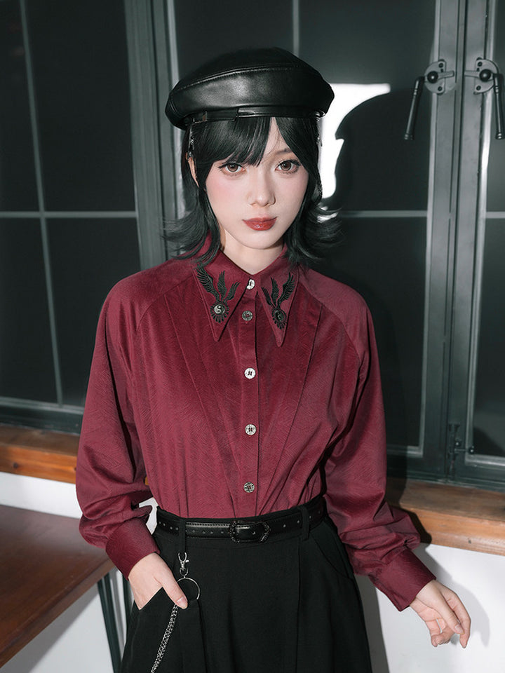 Burgundy Raven-Embroidered Pintuck Balloon-Sleeve Shirt