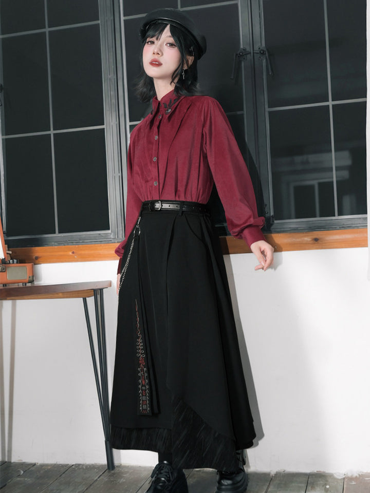 Burgundy Raven-Embroidered Pintuck Balloon-Sleeve Shirt