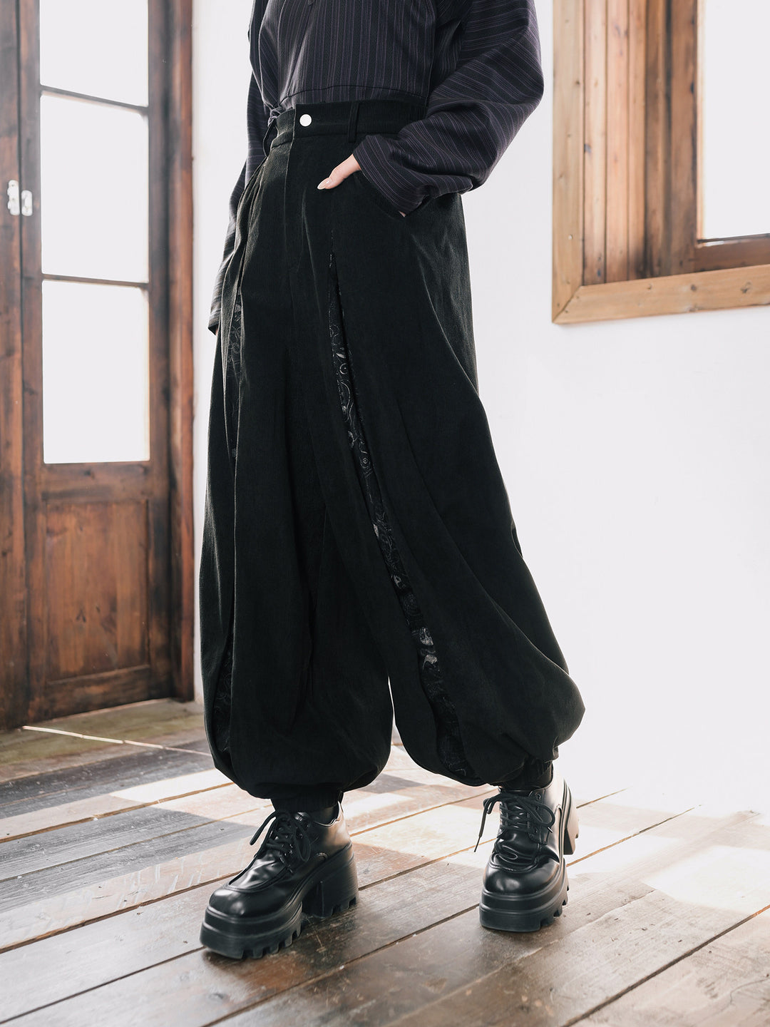Black Raven Print Panel Corduroy Balloon Pants