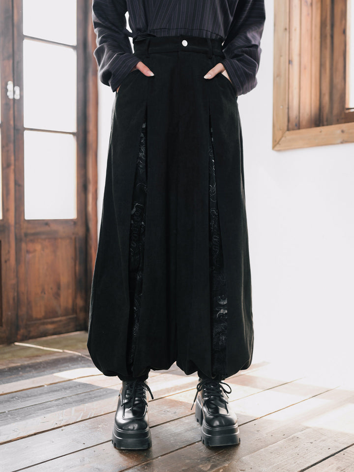 Black Raven Print Panel Corduroy Balloon Pants