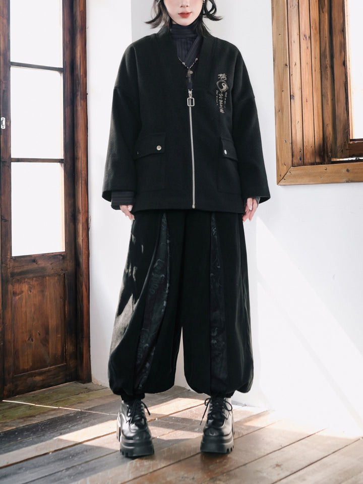 Black Raven Print Panel Corduroy Balloon Pants