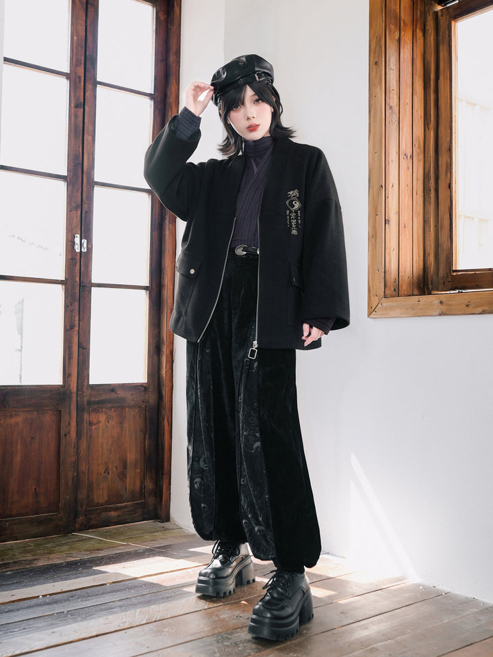 Black Raven Print Panel Corduroy Balloon Pants