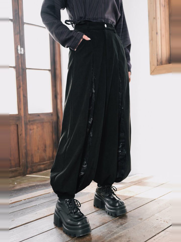Black Raven Print Panel Corduroy Balloon Pants