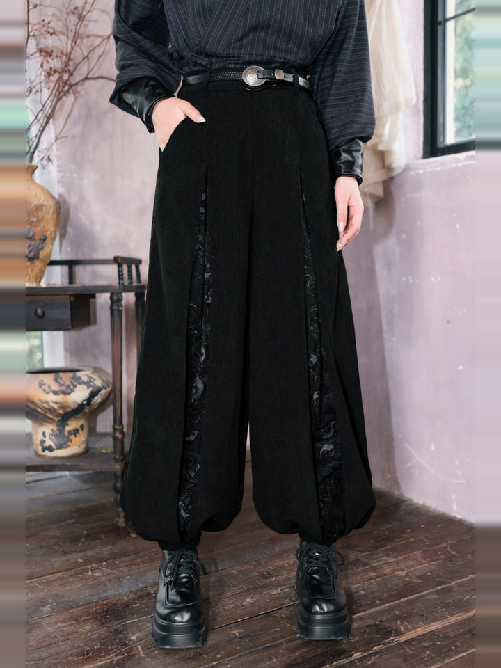 Black Raven Print Panel Corduroy Balloon Pants