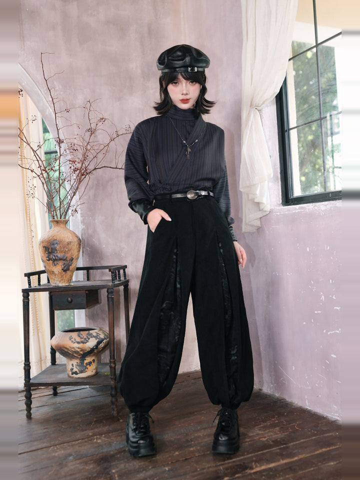 Black Raven Print Panel Corduroy Balloon Pants