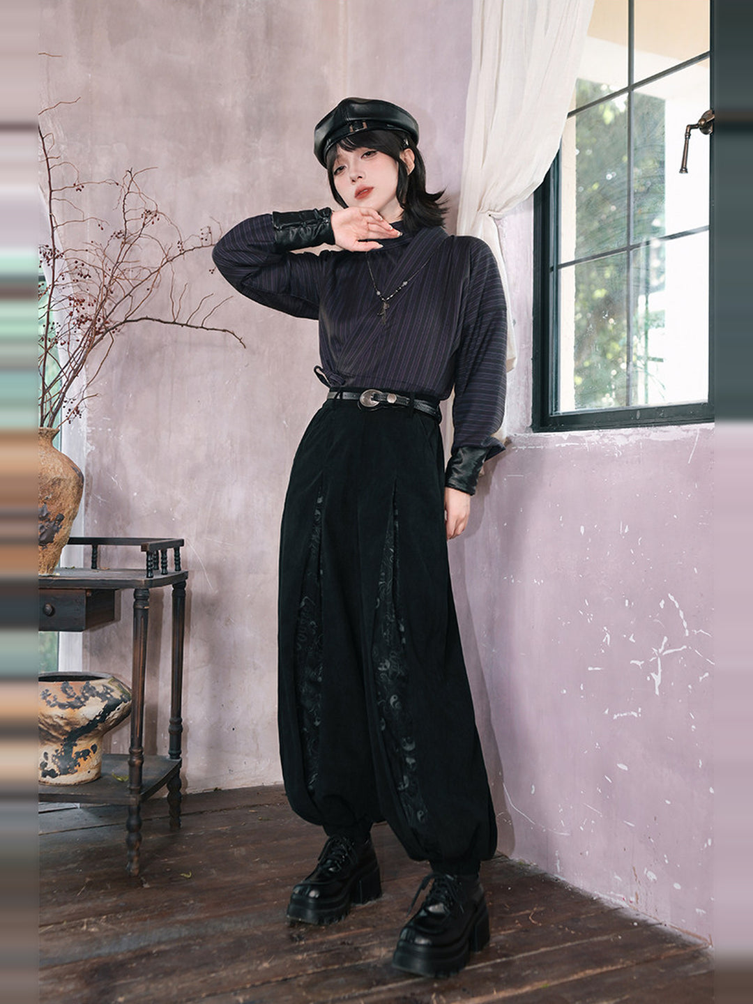 Black Raven Print Panel Corduroy Balloon Pants