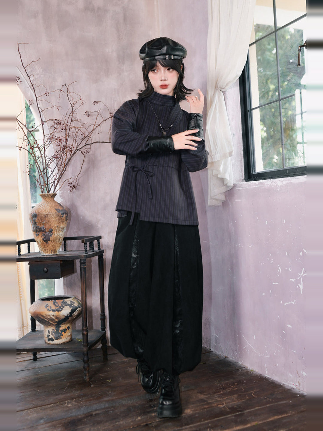 Black Raven Print Panel Corduroy Balloon Pants