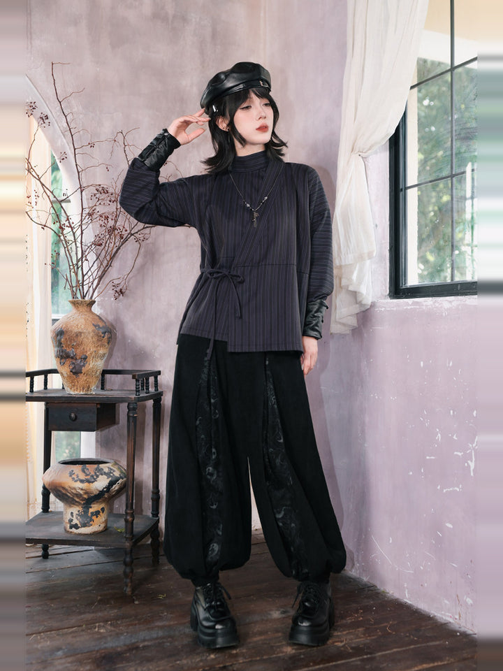 Black Raven Print Panel Corduroy Balloon Pants