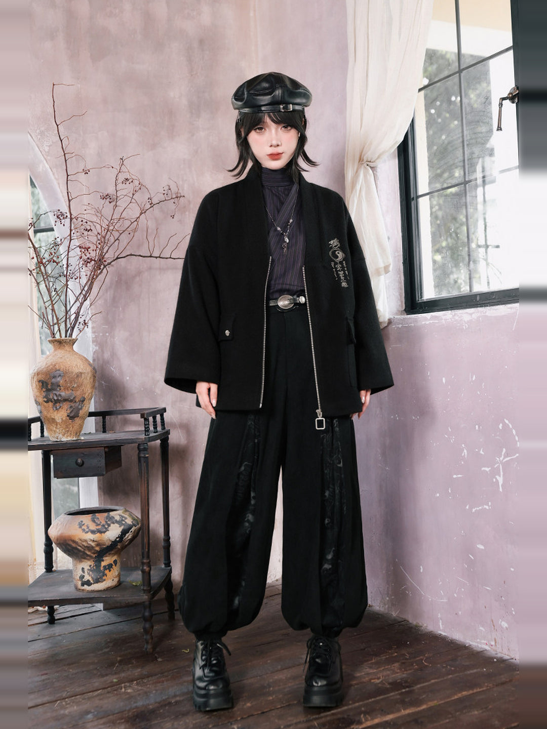 Black Raven Print Panel Corduroy Balloon Pants